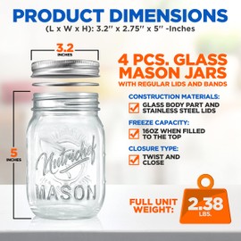 NutriChef Mason Jars with Lids-Max Capacity 16oz DIY Magnetic Spice Jar Glass Container w/Airtight Lid and Band-Ideal for Meal Prep,Overnight Oats,Jelly,Jam,Honey,Candles,Crafts,Wedding Favors(4 Pcs)