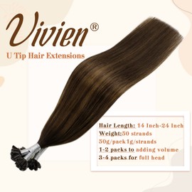Vivien U Tip Hair Extensions Brown Balayage Utip Extensions Human Hair Brown to Medium Brown with Darkest Brown Keratin Fusion U Tip Human Hair Extensions 50g/50s 18 Inch #2/8/2