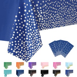 MORAINJAY 4Pcs Dark Blue and Silver Dot Party Tablecloth,137x274cm Rectangle Disposable Table Cloth,Waterproof Plastic Confetti Table Cover for Picnic,Wedding, Birthday,Christmas Table Decorations