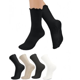 ZANZER Pilates Women's Yoga Socks Non-slip Ruffle Socks Grip Socks Swivel Cuff Crew Ruffle (AU, Alpha, One Size, Regular, Regular, Black + White + Gray + Beige)