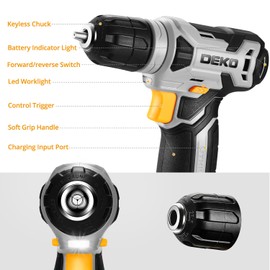 DEKOPRO 8V Cordless Drill, Drill Set with 3/8"Keyless Chuck, 42pcs Acessories, Built-in LED, Type-C Charge Cable, Gray Power Drill for Drilling and Tightening/Loosening Screws