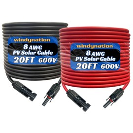 WindyNation 8 AWG 8 Gauge Pair 20 Feet Black + 20 Feet Red PV Photovoltaic Solar Panel Extension Cable Wire Solar Connector (Variety of Lengths Available)