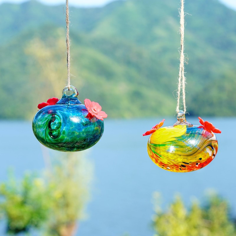 Pack 2 Blown Glass Hummingbird Feeders for Outdoors 3inch Small