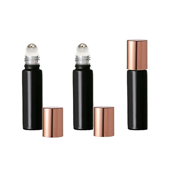 Grand Parfums Colored Glass Aromatherapy 10ml Rollon Bottles with Stainless Steel Roller and COPPER CAPS (6 Sets, Black)