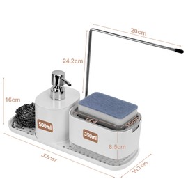 TOTSUN Sink Organiser, Kitchen Dishwashing Liquid Dispenser Set, Soap Dispenser Set, 3 in 1 Soap Dispenser Kitchen Sponge Holder, Sink Organiser for Kitchen Sink White