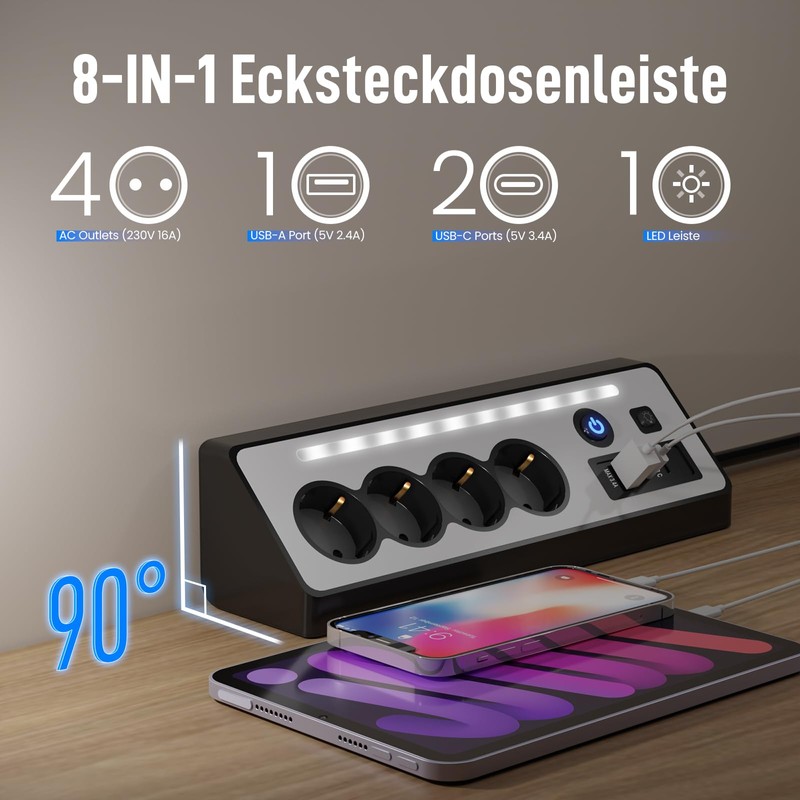 JACEPFY Power Strip 4-Way Multiple Socket with USB and 2