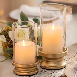 NUPTIO Hurricane Candle Holder Gold: Set of 2 Pillar Candle Holders with Clear Glass Sleeve - Decorative Brass Metal Pillars Stands for Christmas New Year Valentine's Day Fireplace Table Centerpiece