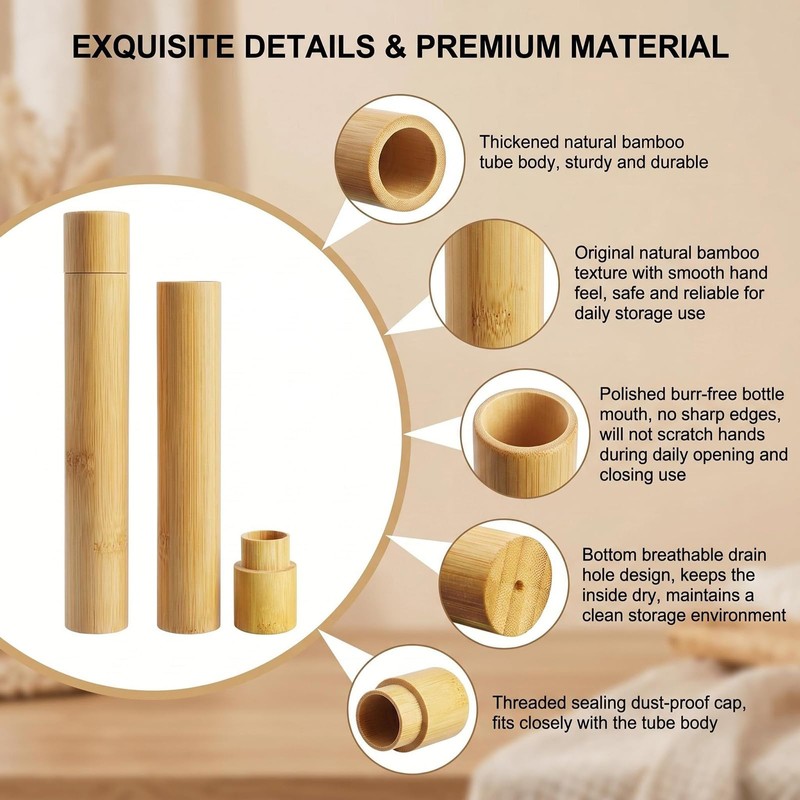 2 Pcs Travel Bamboo Toothbrush Case with Breathable Drain Hole