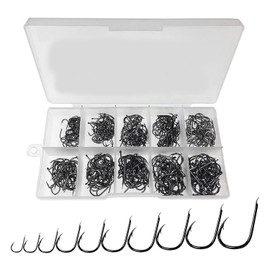 CRLLDPM Fishing Hooks, 100 Pieces Carbon Steel Fishing Hooks in 10 Sizes, Fishing Hooks with Barbs, Fishing Hooks with Eyelet, Fishing Accessories with Plastic Box