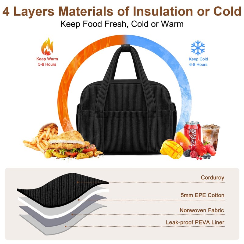 KUBYA Corduroy Lunch Box Lunch Bag for Women Men, Cute