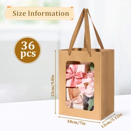 DIVINA VITAE 36Pcs Kraft Bags with Window, 7.1 x 5.1 x 9.8Inches Brown Gift Bags with Handles, Transparent Gift Bags Kraft Shopping Bags for Present, Festivals Party