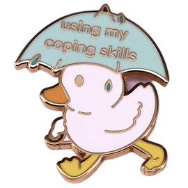 Using My Coping Skills Enamel Pin Cartoon Duck Using A Umbrella Badge Brooch For Backpacks, Stainless Steel, no gemstone