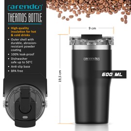 Arendo Stainless Steel Water Bottle, Insulated Water Bottle, BPA Free, Metal Water Bottle 600ml, Drink Flask 12h Cold 6h Warm, Drinking Bottle Ideal for Adult, Kids, Cycling, Gym, Yoga