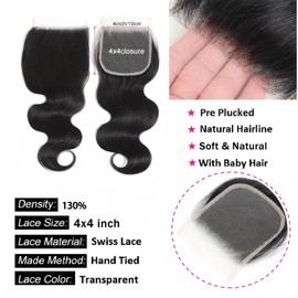 4x4 Hd Lace Closure Human Hair Preplucked With Baby Hair Transparent Lace Bleached Knots High Density Body Wave Brazilian Hair 10A Grade 22 Inch For Black Women