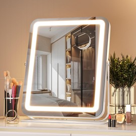 Hasipu Vanity Mirror with Lights 11.4” x 13.8” LED Make up Mirror Tabletop Mirror with 3 Color Lighted Modes Light up Desk Mirror for Makeup with Detachable 10x Magnification & 360 Degree Rotation