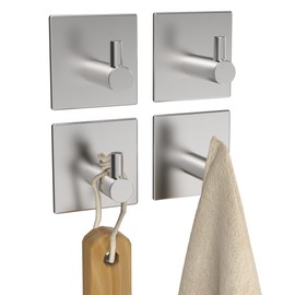 WZKALY Towel Hooks Adhesive, 4 Pack Wall Hooks Robe Hooks, Heavy Duty Coat Hooks SUS304 Stainless Steel Stick on Bathroom or Kitchen (Sliver)