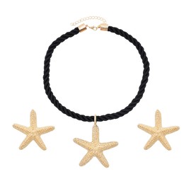 idealway Starfish Daisy Pendant Necklace Earrings Set, Gold Jewelry Sets, Beach Rope Necklace Ocean Jewelry for Women (Black)