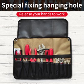 AIBAOBAO Tool Roll Bag, 10 Pockets Tool Bags, Multi-Purpose Tool Roll Up Bag, Tool Wrap Roll Organisers, Portable Tool Pouch, Screwdriver Spanner Roll Tools Storage, Tool Gifts for Men Dad (Khaki)