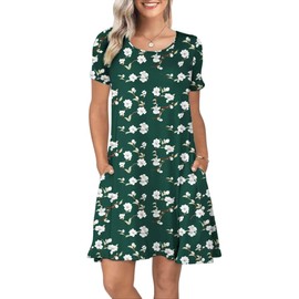 REGAI Womens Summer Dresses Casual Loose Tshirt Crew Neck Floral Short Sleeve Flowy Pockets Sundresses, Green Begonia Floral, XL