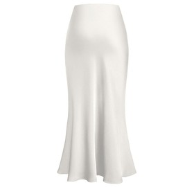 Genfien Skirts Women's Midi Length Elegant Skirt High Waist Women's Satin Skirts with Zip Midi Skirt Hidden Elastic Waist Plain, White