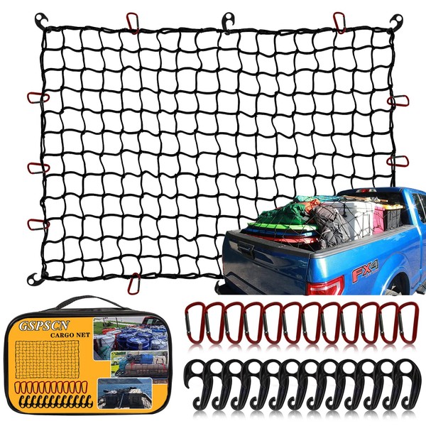 GSPSCN Cargo Net 4' x 6' for Truck Pickup Bed, Trailer,Boat,RV SUV Stretches to 12'x18' Max Roof Rack Net,Small 4”x4” Mesh Heavy Duty Bungee Cord Net Compatible with Dodge Ram,Chevy Ford,Toyota