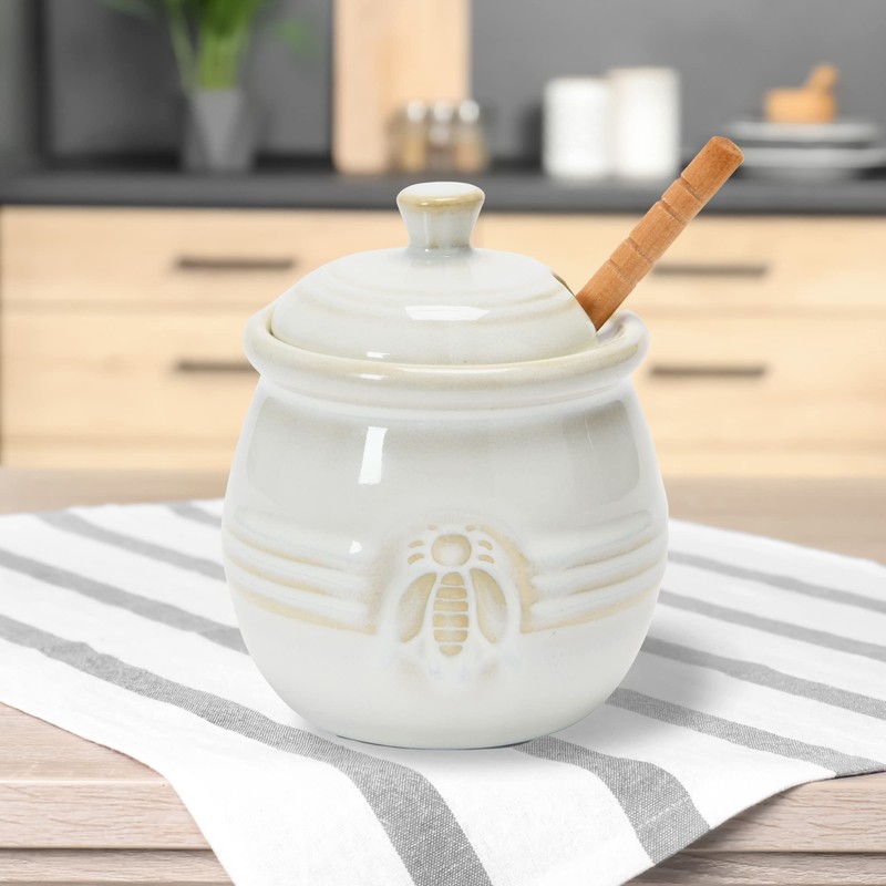 Creative Co-Op Farmhouse Embossed Stoneware Honey Pot with Wood Honey