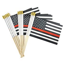 Newperlite Thin Red Line American Firefighter Stick Flag Small Mini Hand Held Flags - Solid Wooden Pole & Spear Top (12 Pack, 5x8 Inches)
