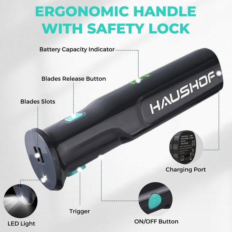 HAUSHOF Cordless Electric Knife 8V Rechargeable Meat Cutter Reciprocating Blades