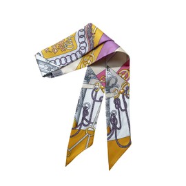 JERLA 100% Mulberry silk Scarf Head Hair Ribbon Handbag Handle wrap Tie Bundle Scarf Neckerchief Scarf for women men, D Yellow Chain, 33.5"×1.97"