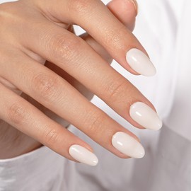 KQueenest White Press On Nails Short Oval - Acrylic Press on Nails Short Almond, Sheer Milky White Fake Nails with Glue, Glossy Opaque, Reusable Soft Gel Glue on Nails for Women, 24 Pcs