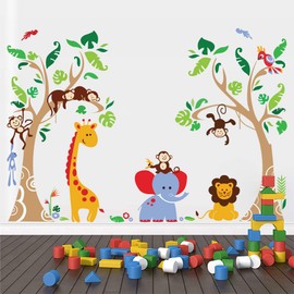 Runtoo Jungle Animals Tree Wall Decals for Nursery Baby Kids Bedroom Monkey Giraffe Elephant Wall Stickers Adventure Wall Décor