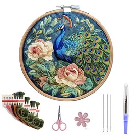 TIAMORK Cross Stitch Kits,Peacock Color Stamped Embroidery Craft Kit with Embroidery Hoops, Colored Thread and Needle