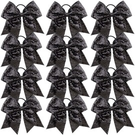 12 Pieces 8 Inch Black Cheer Bows Glitter Jumbo Cheerleading Bow with Elastic Ponytail Holder Bow Hair Tie Band Hair Accessories for School Girls Toddlers