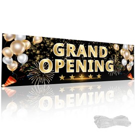 3x10 ft Grand Opening Banner with Ribbon – Elegant Grand Opening Sign for Business, Shop, Restaurant – Durable Polyester Backdrop with Metal Grommets for Indoor/Outdoor Use (Black & Gold)