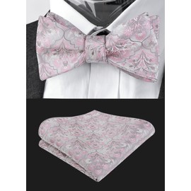 Alizeal Mens 2pcs Classic Floral Pattern Self-tied Bow Tie and Handkerchief Set, Silver+Pink+Gray