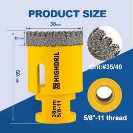 HIGHDRIL Diamond Core Drill Bit - 1-1/2"(38mm) with 5/8-11 Thread Dry Drilling Hole Saw for Porcelain Tile Ceramic Granite Marble Stone Masonry Brick (Serrated Blade)