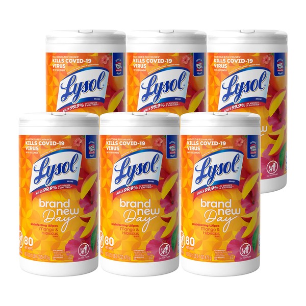 Lysol Disinfecting Wipes, Mango & Hibiscus, Pack of 6, 80ct