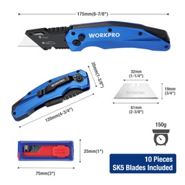 WORKPRO Folding Utility Knife, Heavy Duty Metal, Quick Open Botton Lock Box Cutter, Quick Change Blade Razor Knife, 1PC with 10 Extra SK5 Blades