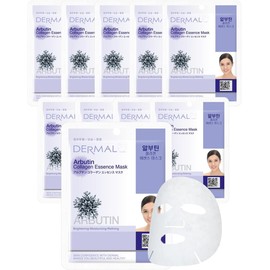 DERMAL Korea - 10 Mascarillas faciales: Arbutin Collagen Essence Mask | Paquete de 10 Mascaras Coreanas con Arbutina, Colágeno y Vitamina E. Piel Radiante