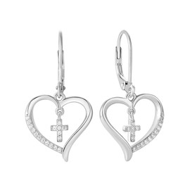Vesitim Sterling Silver Cross Earring for Women Heart Dangle Drop Earrings Religious White Gold Plated Cubic Zirconia Jewelry Gift