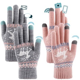 FUKPO 2 Pairs of Women's Warm Winter Lined Winter Gloves Women's Knitted Gloves Touchscreen Pink Grey Warm Gloves Thermal with Christmas Reindeer Pattern, Pink Grey