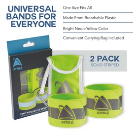 Athlé Reflective Bands 2 Pack - Adjustable 16" Neon Yellow Straps for Wrist, Arm and Ankle - High Visibility Safety Gear for Running, Jogging, Cycling and Biking - Bonus Carrying Bag