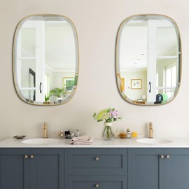 POZINO Gold Bathroom Mirror, 24"x32" Rounded Rectangle Mirror, Brass Beveled Mirror for Bathroom, Modern Vanity Wall Mirror in Premium Stainless Steel Frame Hangs Horizontal Or Vertical