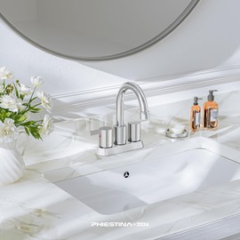Phiestina 4 Inch Centerset 2 or 3 Holes 2 Handle Chrome Lead-Free Bathroom Faucet, Swivel Spout with Copper Pop Up Drain and 2 Water Supply Lines, BF015-1-C