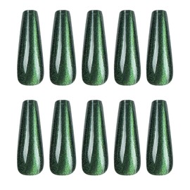 Cat Eyes Extra Long Press on Nails Coffin Shape, Artificial Acrylic Fake Nails Full Cover Glue on Nails Glossy Stick on Nails for Women & Gairl 24 Pcs Long Nails - Green Colored Glaze