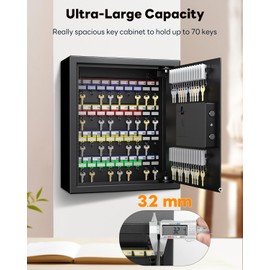Uniclife 70 Position Key Cabinet with Combination & Key Lock Wall Mounted Security Keys Safe Key Organizer Black Digital with Keypad Adjustable Racks Key Tags & Permanent Pen (Batteries Not Included)