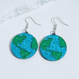 Planet Earth Earrings Shiny Acrylic Blue Green Ocean World Earrings Circle Charms Drop Dangle Earrings for Earth Day-A