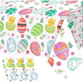3-Piece 54 x 108 Inch Easter Plastic Tablecloth - Colorful Egg, Bunny, Chicken Designs, Disposable Spring Holiday Rectangle Table Cloth for Dining Room Kitchen Table Cover Indoor Outdoor Decorations