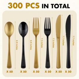 Kochorie 300 Pieces Black and Gold Graduation Plastic Silverware Heavy Duty Plastic Cutlery Set Disposable Congrats Grad Flatware Includes Spoons Forks Knifes for 2025 Graduation Party Supplies