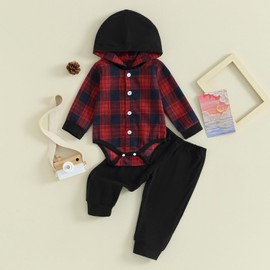 Toddler Baby Boy 2 Piece Outfit Plaid Button Long Sleeve Hoodie Romper Bodysuit Elastic Pants Set Fall Winter Sweatsuit (Red, 12-18 Months)